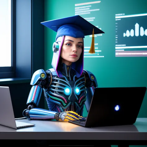 Image of a robot teacher, with cyborg face android robot, em uma sala de aula tradicional, wearing a college graduates hat on his head, ultra detailed complex 3d rendering, Beautiful soft studio light, Anel luminoso, detalhes vibrantes, cyberpunk luxuoso, ...