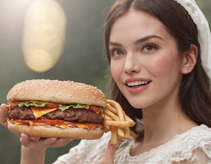 Mulher uma mulher extremamente obesa, pesando mais de 200 quilogramas, visivelmente surpresa e encantada, holding a giant Burger that is clearly larger than his own arm. Your eyes are wide open, expressing a mixture of shock and admiration as she holds the...