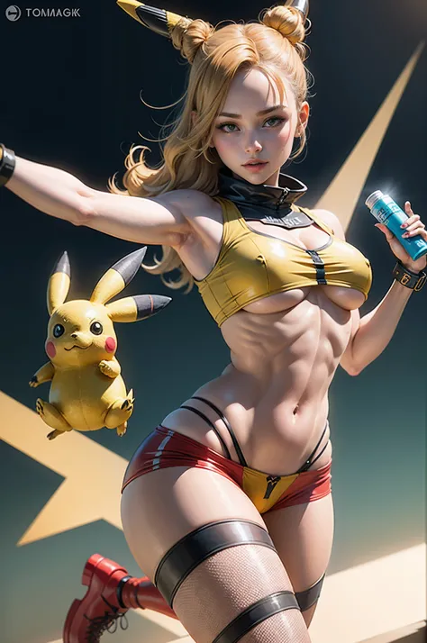 "Generate a high-quality 4k illustration of a Pikachu Gijinka girl with realistic details, emphasizing the Pikachu essence in her outfit and accessories. The composition should feature a dynamic pose and showcase underboob."