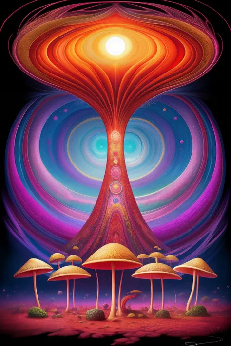 a drawing，Filled with many varieties of mushrooms, psychedelic surreal art, Estero Dan Mumford e Alex Gray, psychedelic illustrations, hyper detailed visionary art, Ultra-visionary art - detailed, psychedelic artwork, Surreal + highly  detailed, Highly det...