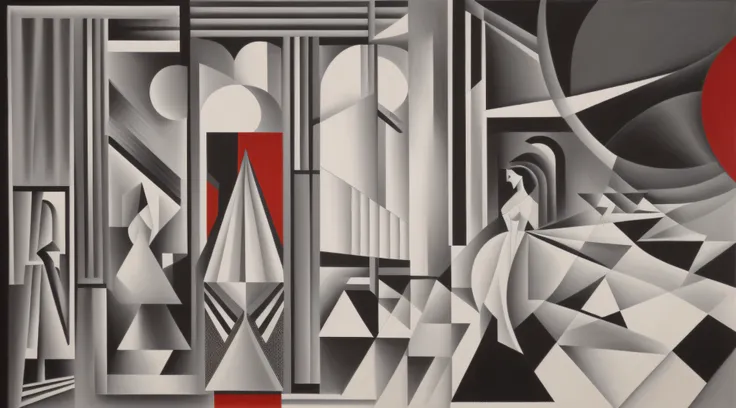 painting of a woman in a white dress standing in a room, inspired by Jean Metzinger, georgy kurasov, metzinger, by Jean Metzinger, synthetic cubism, art deco painting, mark kostabi, futurism painting, inspired by Jan Stanisławski, inspired by Albert Gleize...