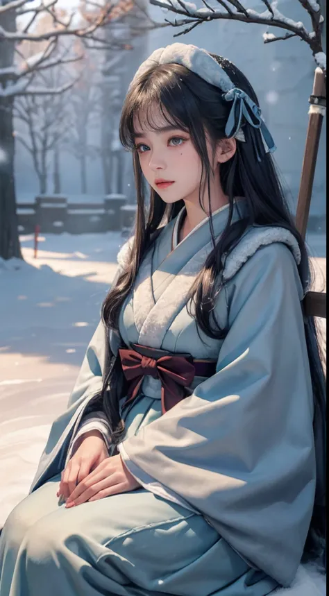 ((Works of masters))，(超A high resolution)，1 girl,Glowing eyes，Tears of sadness， Sitting, (Lolita costume)，cloaks (Oyuki, Cover with snow，Outdoor activities in winter:1.2),snow field，Blue eyes，The best quality illustrations，A meticulous face