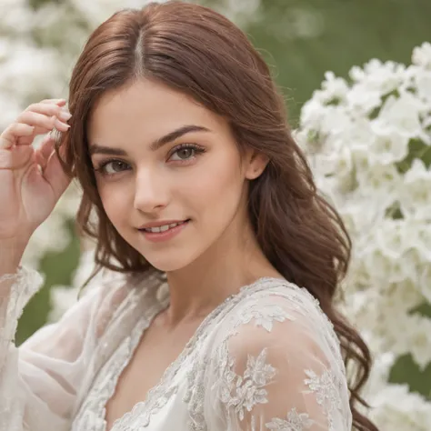 so beautiful Iranian girl with a wheatish complexion, an innocent and charming smile, large green eyes, wearing a white silky dress, her light brown hair flowing