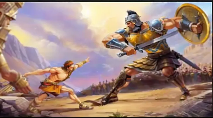 There is a painting of two men fighting with a sword, Davi e Golias, Pintura de Golias, epic battlescene, epic battle scene, Batalha estrondosa, trojan war, Epic Fight, detailed game art illustration, Mito grego pintura digital, Epic Battle, cena de batalh...