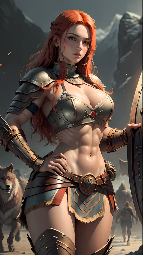 Beautiful viking woman holding shield red hair extremely sexy clothes, large firm breasts, toned muscles, wolf skin on armor, abdomen and pectoral visible