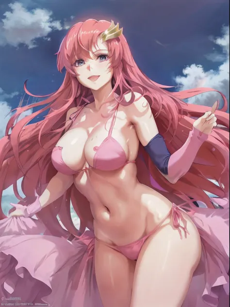 (masterpiece, 4K, Best Quality, Anime style: 1.9, bold drawing lines, High color saturation, Detailed face, tall, Adult Woman, lovely, (cloud background), Drawing lines, high resolution, Anime, lacus4), 1girl in, Solo, curvy figure, Long hair, 鎖骨, scapular...