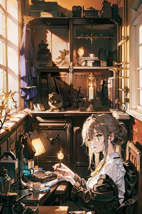 Unmanned Horror Room，phantom，toy bear，Gray room，Desk lamp，bookcase，The balcony glows warm yellow，Dessert Coffee Table，Wax candles，Horror anime style，intricate-detail，Relatively empty，4K Ultra Clear。