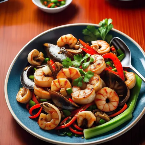 Close-up spicy mix, seafood mushrooms, small octopus, red oil, shrimp, green peppercorns, sixty-sixth century pepper, green vegetables, bok choy, tofu puffs, super realistic food pictures, the complete subject shown in the photo, a spoon is pouring into a ...