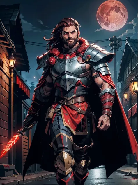 dark night blood moon background, darkest dungeon style, walking on the street. todd smith as ares from xena, athlete, short man...