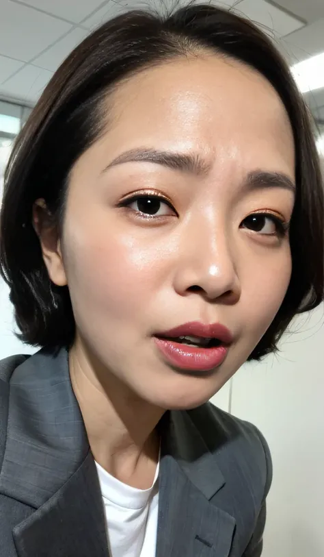 masterpiece,best quality, (1 milf), ((close up:0.5)), glare, gray blazer, white shirt, double eyelid, eyelash, lip gloss, (angry face:1.2), (open mouth:1), ((close eyes:0.85)), ((Looking at Viewer)), RAW, (from below:1), ((nobody)), office,