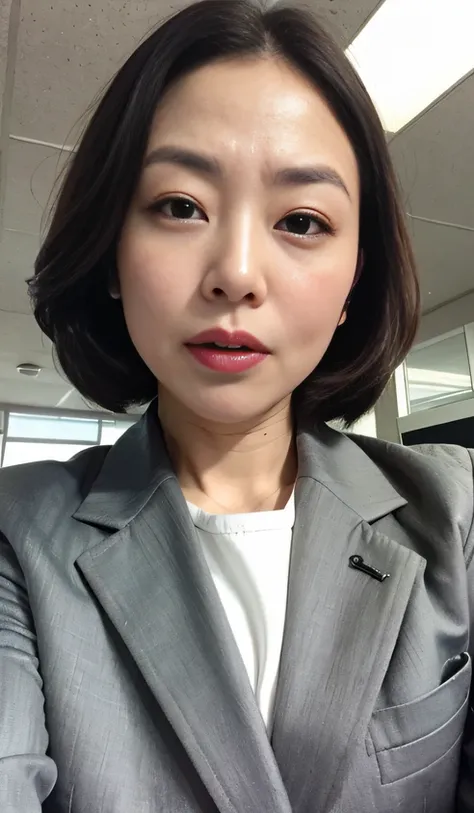 masterpiece,best quality, (1 milf), ((close up:0.5)), glare, gray blazer, white shirt, double eyelid, eyelash, lip gloss, (angry face:1.2), (open mouth:1), ((close eyes:0.85)), ((Looking at Viewer)), RAW, (from below:1), ((nobody)), office,