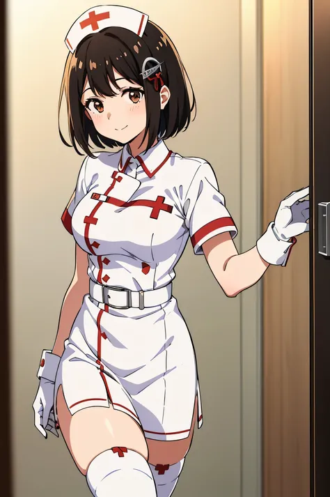 haguro \(kancolle\), short hair, black hair, brown eyes, hair ornament, solo, nurse, ((white nurse cap, white nurse uniform)), (...