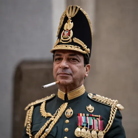 Egyptian President Abdel Fattah El-Sisi, wearing a military uniform, smoking a cigarette, cinematic colours