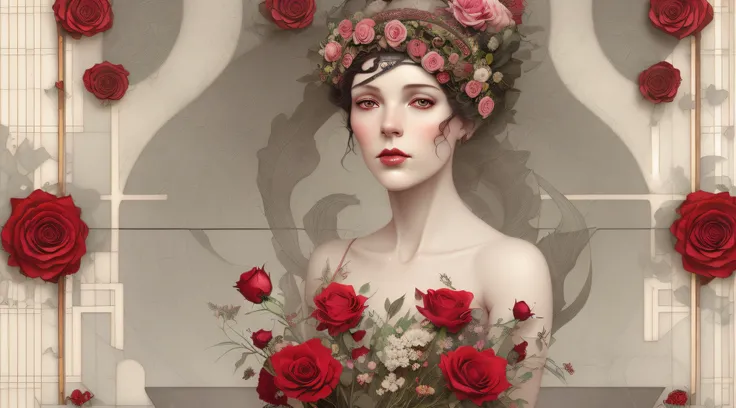 there is a woman with a rose headdress and a bunch of red roses, hyperrealistic art nouveau, artstyle tom bagshaw, natalie shau tom bagshaw, tom bagshaw artstyle, art nouveau octane render, karol bak uhd, tom bagshaw style, baroque digital painting, art to...