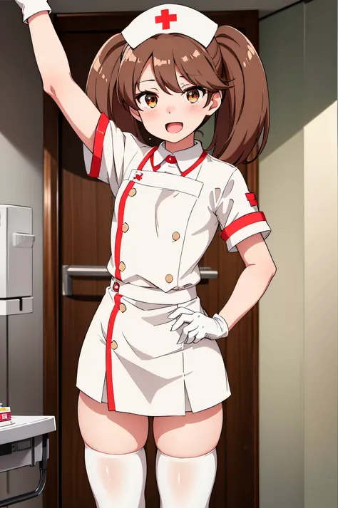 ryuujou, brown hair, brown eyes, twintails, flat chest, solo, nurse, ((white nurse cap, white nurse uniform)), ((white legwear, ...