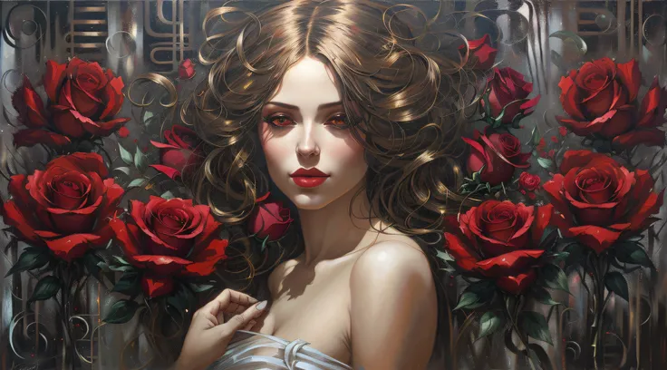 painting of a woman with red roses in her hair, karol bak uhd, adrian borda, adi granov, style of karol bak, sensual painting, artgerm and james jean, daniel lezama painting style, ray swanland, sakimi, diego dayer, james jean and wlop, artstyle tom bagsha...