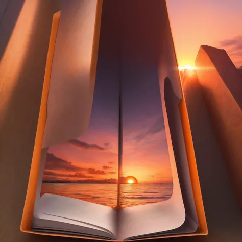 Orange and pink sunset with a beautiful yellow in the center and an open book