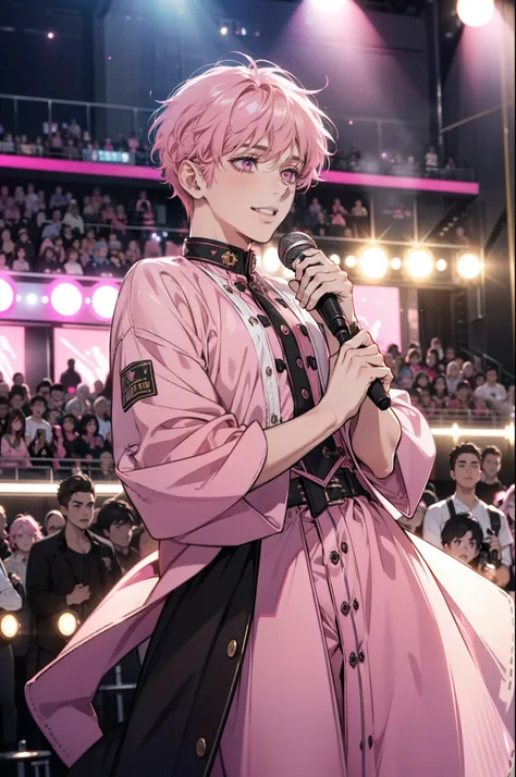 1 boy, beautiful male body, Short boy, 20 years old , Body length 170 cm, (short hair hair, Pink hair color, Curly hairstyle) , (Pink eyes), realistic eyes, beatiful eyes, big eyes), ((Idol clothing)), ((He holds a microphone and sings happily on stage in ...