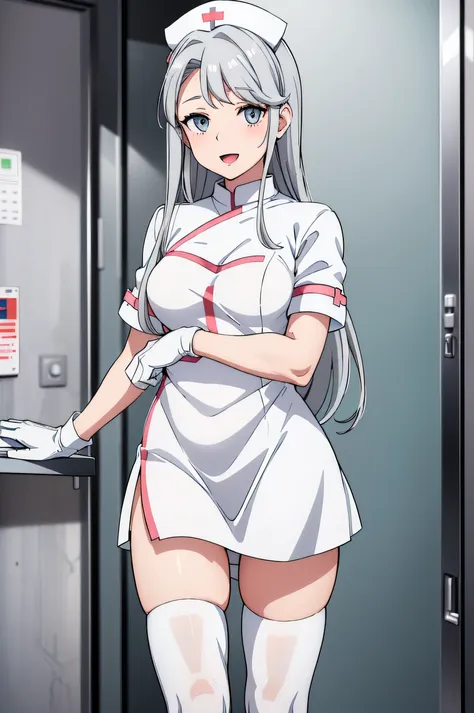 sagiri, grey hair, grey eyes, solo, nurse, ((white nurse cap, white nurse uniform)), ((white legwear, zettai ryouiki)), white gl...