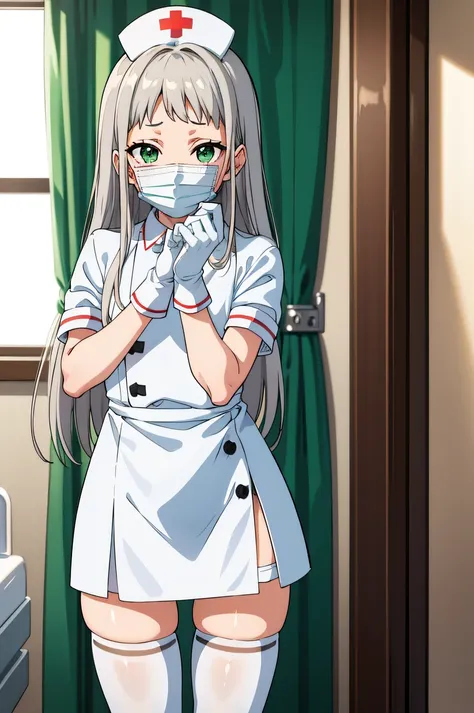 hideri_kanzaki, green_eyes, long_hair, bangs, otoko_no_ko, silver_hair, male focus, solo, Nurse, ((White nurse cap, White nurse uniform)), ((White legwear, zettai ryouiki)), White Gloves, ((White surgical mask, Cover the nose)), Standing, ((Hospital room))...