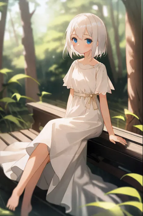 (Masterpiece , high quality) , young girl , white hair , blue eyes , beige skin , in nature , light blur , simple white dress , sitting , kindly staring at a viewer