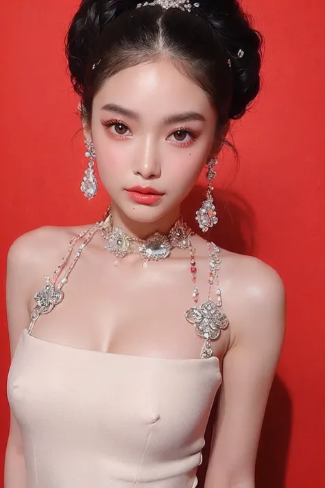 (extra detailed body、extra detailed face、best qualtiy:1.2)、femele、looking at the viewers、(Fantastico clothes、fashionshow、Mode system、Fancy accessories、reddish）（Cream wall on background）