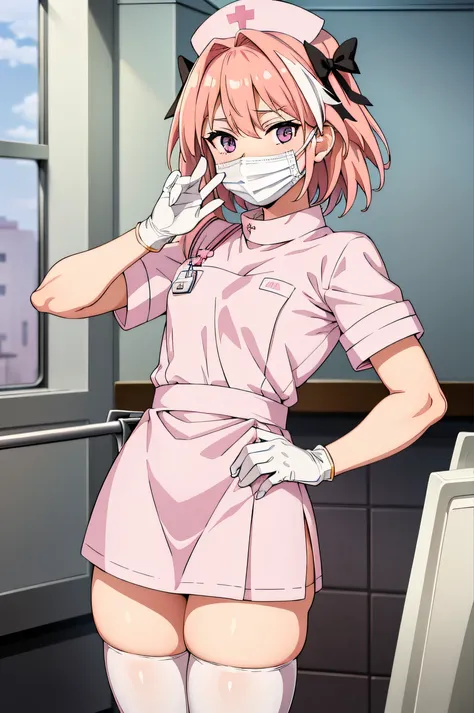 astolfo, single braid, pink hair, purple eyes, otoko_no_ko, male focus, solo, Nurse, ((White nurse cap, White nurse uniform)), ((White legwear, zettai ryouiki)), White Gloves, ((White surgical mask, Cover the nose)), Standing, ((Hospital room)), sharp outl...