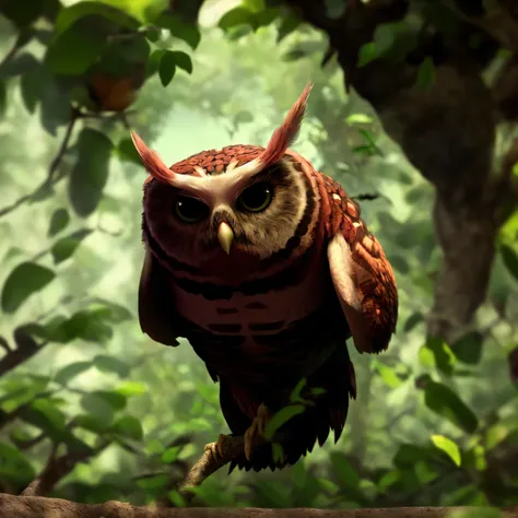 there is a bird that is sitting on a branch in the woods, Nite - Coruja, urso-coruja, alien owl, the wisest of all owls, animated film, coruja bonito, Owsley, Papel de parede - 1 0 2 4, animation movie still, painting digital adorable, criatura fofa da flo...