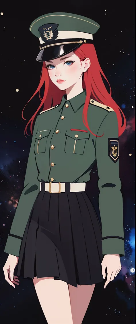 (masterpiece:1.2, best quality), 1girl, 15yo teen, redhead, (black military outfit), pleated skirt, military hat, space cadet, dark space background, futuristic, anime minimalist, watercolor