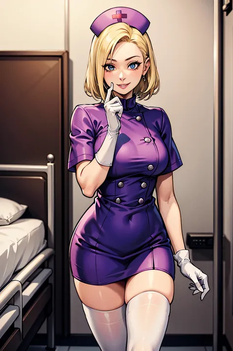 1womanl, nurse, nurse cap, whiteware, ((white legwear, zettai ryouiki)), white gloves, blonde hair, blue eyes, pink lipsticks, s...