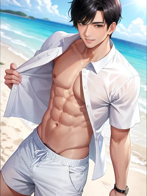 , He had short black hair and、、、、、、、very stylish, Hes wearing (((Open his white shirt))) It shows his perfect athletic tone ((body with tanned skin,)), His body is shaved, Shaved pubic hair to make him look sexy, His bright red eyes hide mischief, His smil...