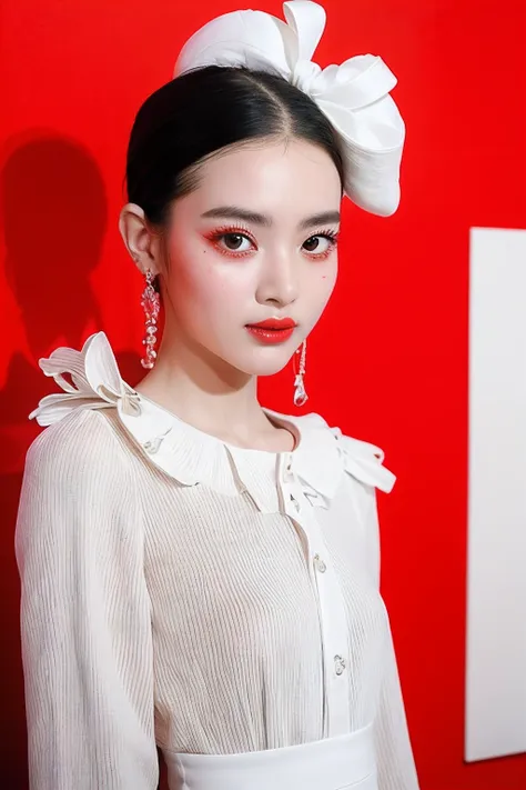 (extra detailed body、extra detailed face、best qualtiy:1.2)、femele、looking at the viewers、(Wacky fashion、reddish、Fancy accessories、Mode system)、(White wall on background、fashionshow:1.4)