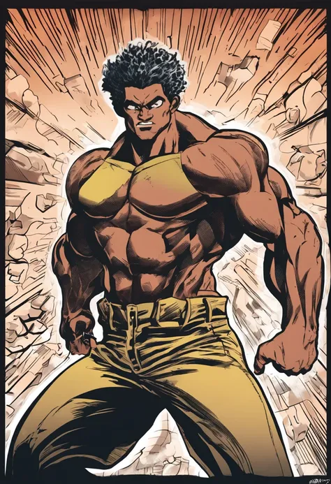 Draw an amazing and engaging male character with the aesthetics of a manga similar to the pickle of the Baki manga, retratando-o sozinho em um fundo preto. Este personagem, inspirado no pickle do manga Baki, possui uma pele morena deslumbrante, olhos verde...