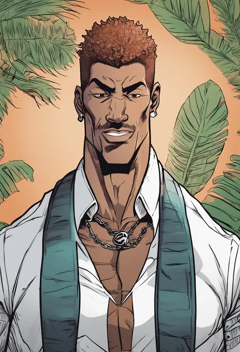 Draw an amazing and engaging male character with the aesthetics of a manga similar to the pickle of the Baki manga, retratando-o sozinho em um fundo preto. Este personagem, inspirado no pickle do manga Baki, possui uma pele morena deslumbrante, olhos verde...