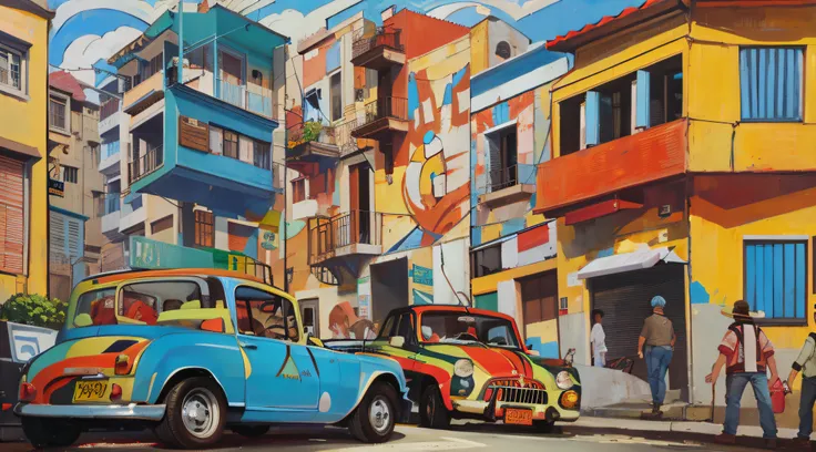 painting of a street scene with a car and people walking, by Tony Sart, by José Comas Quesada, by Victor Meirelles, by Humberto Castro, by Noe Canjura, by Juan Villafuerte, by Fernand Pelez, by Juan Fernando Cobo, by Pedro Pedraja, by Carlos Saenz de Tejad...