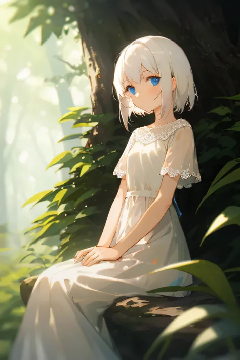 (Masterpiece , high quality) , young girl , white hair , blue eyes , beige skin , in nature , light blur , simple white dress , sitting , kindly staring at a viewer