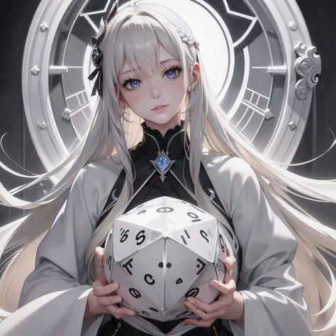 ​masterpiece、top-quality、hight resolution、High-quality images、8K、1womanl、detaileds、Detailed eye depiction、skin gloss、shinny hair、platinum-blonde long hair、Soft hair、anastasia、portlate、Monochrome grayscale、Transparency、trick、dice