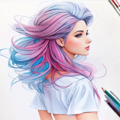 um desenho de uma mulher com longos cabelos rosa e uma borboleta, mixed media style illustration, azul. cabelo detalhado, estilo de arte bonito, detailed fashion illustration, cabelo longo violeta, aquarela artstyle, estilo de arte impressionante, colorful...