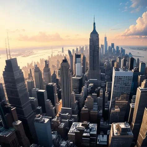 Blick auf eine Stadt mit Wolkenkratzern und einem Fluss, New York in der Zukunft, New Yorker Kulisse, New York City als Kulisse, New York City im Jahr 2100, Goldene Stunde in Manhattan, New York City (Disambiguation), New Yorker Skyline, Sci - Fi Szene Zuk...