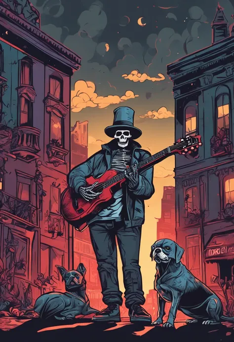 skeleton in dark glasses playing guitar, in the background a gloomy city with low lights and vampire dogs