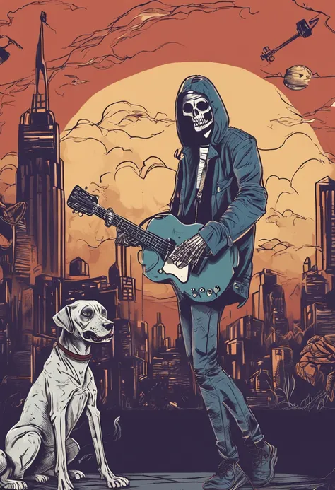 skeleton in dark glasses playing guitar, in the background a gloomy city with low lights and vampire dogs