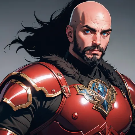 Handsome muscular bald beard handsome warrior leather Armor métal Armor Wear lord of the shadows hyper realistic super detailed face portrait glowing eyes red