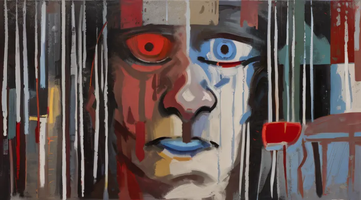 painting of a man with a red nose and a black face, inspired by Jan Stanisławski, inspired by Wilfredo Lam, abstract face, inspired by Peter Lanyon, heavy cubism, a cubist painting, inspired by Josef Čapek, inspired by Stanisław Witkiewicz, inspired by Pau...