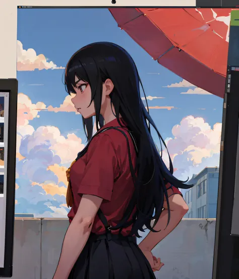 anime girl in red shirt, Urgent expression, talking to his sister, is carrying just a beautiful black handbag, smooth anime cg art, profile of anime girl, painted in anime painter studio, digital anime illustration, makoto shinkai. digital render, a hyperr...