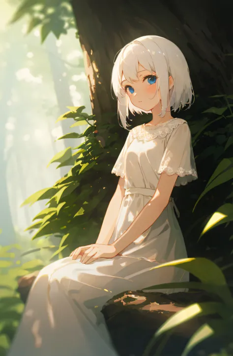 (Masterpiece , high quality) , young girl , white hair , blue eyes , beige skin , in nature , light blur , simple white dress , sitting , kindly staring at a viewer