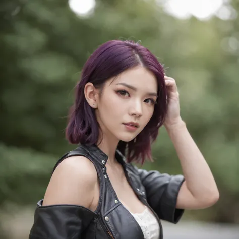 purple hair, blue eye,  nose piercing, huge breast, ,korean mixed:1.3, japanese pretty face, full body, black mini skirt, black leather jacket and white transparent shirt, 4k