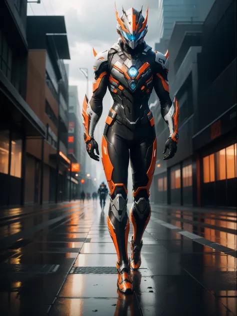 Tokusatsu Simple Warframe Carbon Fiber Belt City Background Highest Image Quality Orange White Rainy Day Reflection on the ground Sci-Fi Soft light