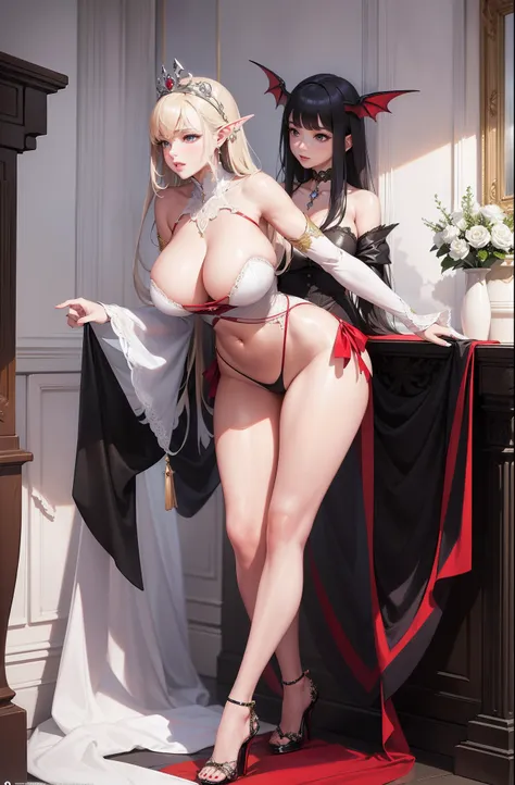 (Masterpiece:1.2, Best quality), (Very detailed face, Real picture, Delicate skin tone Realistic skin, Realistic body, Intricate details)，Full-fledged succubus，a queen，Tall figure，gigantic cleavage breasts，Large bust，gigantic ass，Large hips，large thick leg...