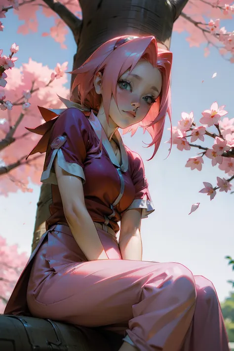 Sakura with pink hair and red shirt sitting on a tree, haruno sakura, sakura haruno, Estilo anime misturado com Fujifilm, Menina anime na vida real, Anime Garota Cosplay, sakura petals around her, Anime cosplay, linda Delphine, Sakura Haruno no modo Slug S...