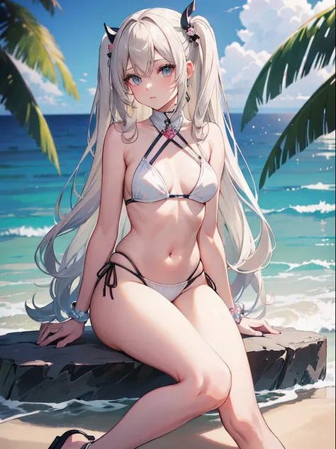 ((Best Quality)), (ultra-detailliert), ((Extremely detailed)), (Beautiful), ((Kawaii Girl)),(two side up hair)、((masutepiece)),Platinum Blonde Hair,Long hair, hair between eye, Wavy Hair, Long sideburns,Jade-colored eyes, White skin,Normal Chest,Slender bo...